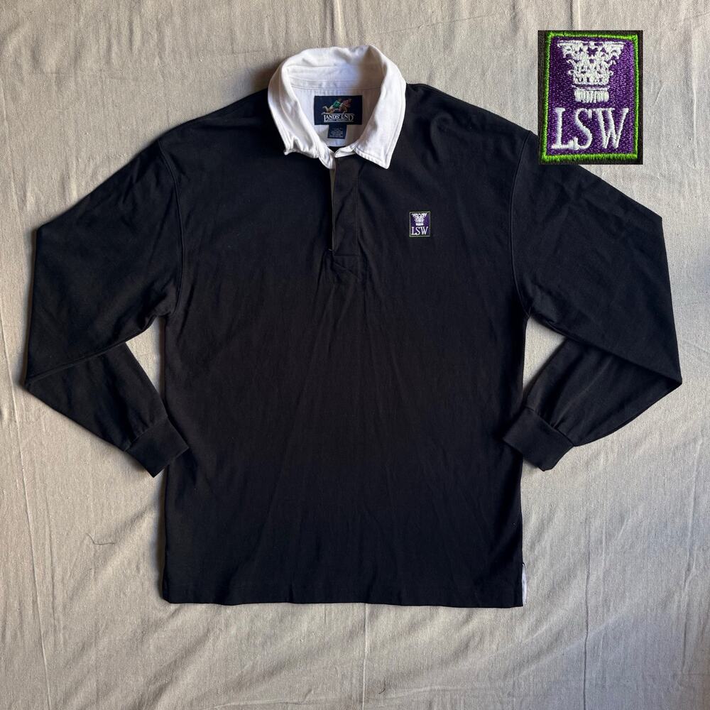 Vintage 90's Lands End Rugby Shirt Men's M Black White Collar LSW Long Sleeve